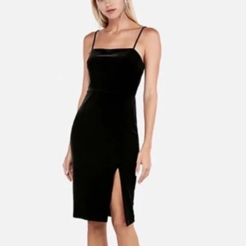 Express Black Velvet Cami Midi Dress w/ Thigh Slit